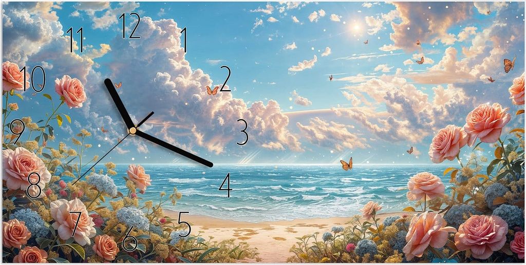 Wanduhr aus Glas mit Motiv Strandzeit mit Rosen- 60 x 30 cm - inkl. Aufhängesystem