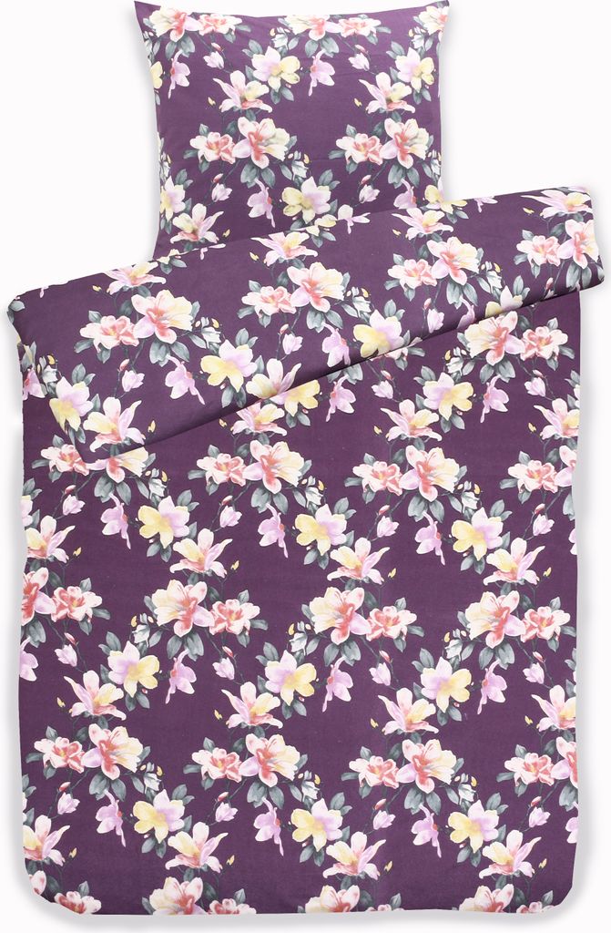 Bettwäsche Winter Biber Mischgewebe Baumwolle Polyester Feinbiber 135x200 + 80x80 cm mit Reißverschluss Größe: 2 teilig Design: Blume aubergine
