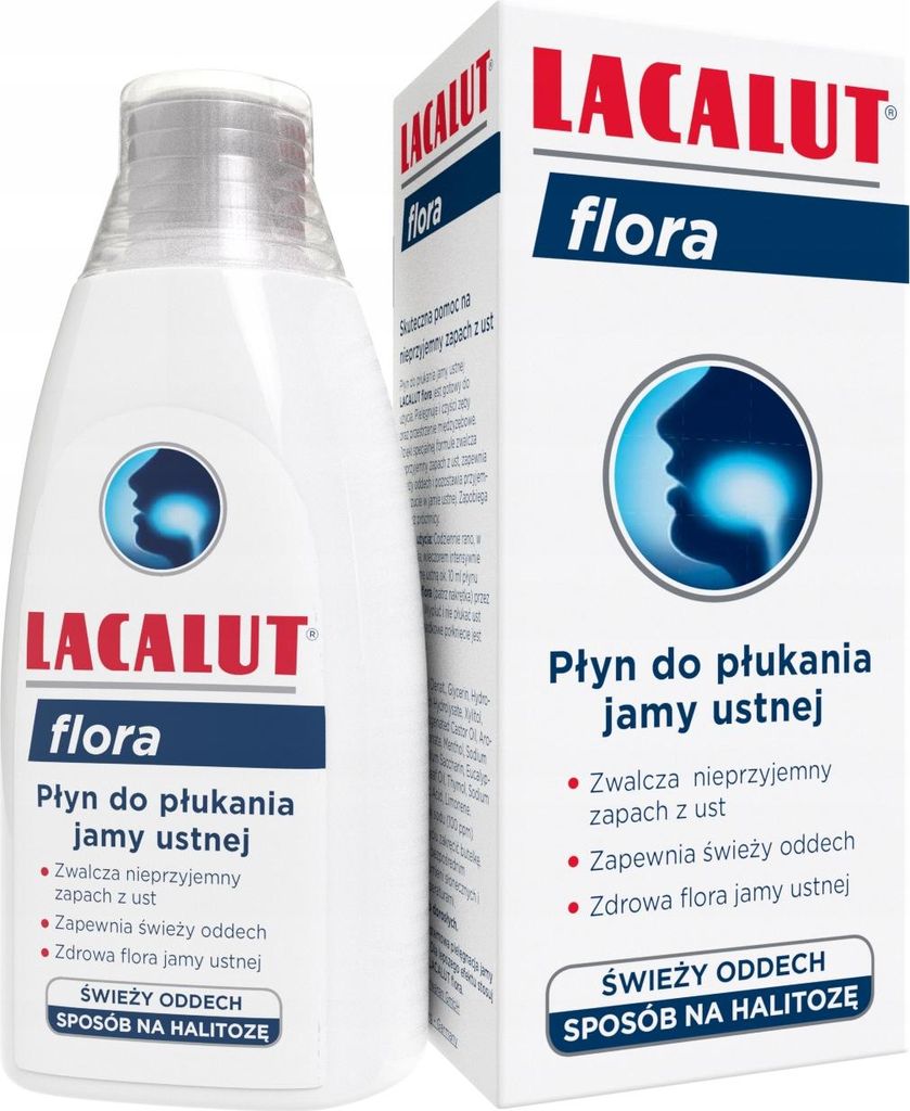 A bottle and box of Lacalut Flora mouthwash are displayed side-by-side against a white background.