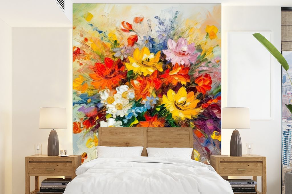 MuchoWow Fototapete für Wohnzimmer oder Schlafzimmer Wandtapete Vinyl Motivtapete Blumen - Bunt - Ölfarbe - Blumentopf - 205x280 cm - Wandbild