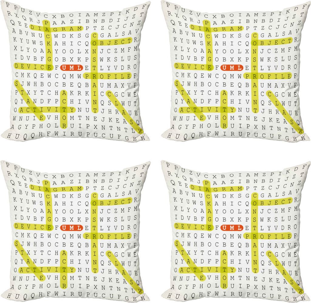 ABAKUHAUS Word Search Puzzle Kissenbezug Set (4 Stück), UML Keywords, Moderner Doppelseitiger Digitaldruck, 50 cm x 50 cm, Schwarz Gelb Orange