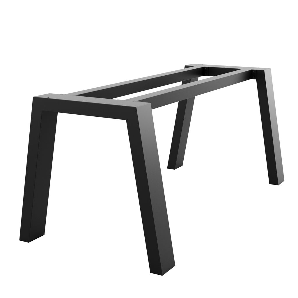 A black metal table base with trapezoidal legs, shown from a diagonal angle against a white background.