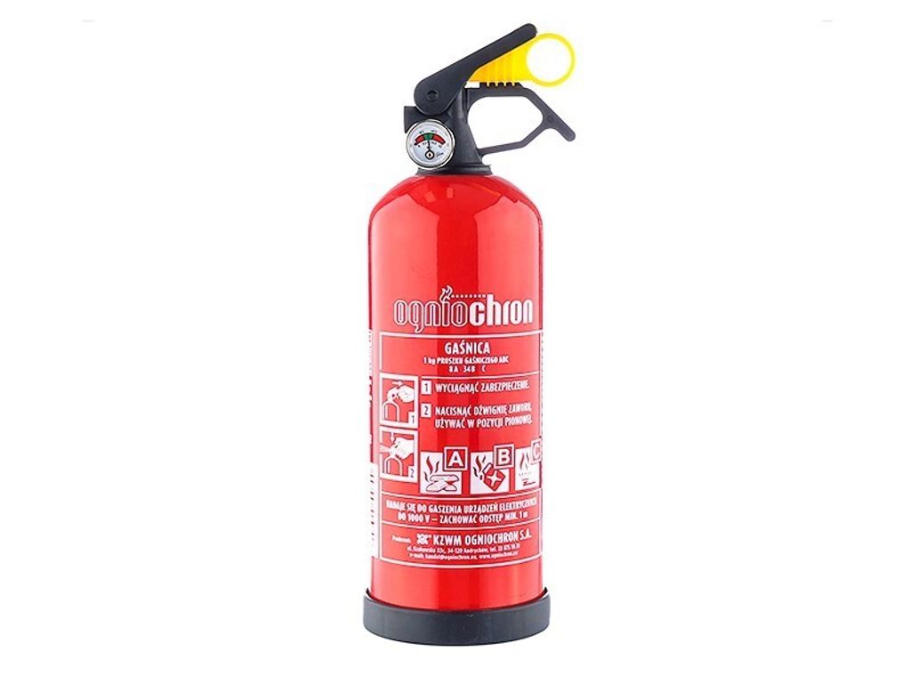 A red fire extinguisher is shown against a white background.