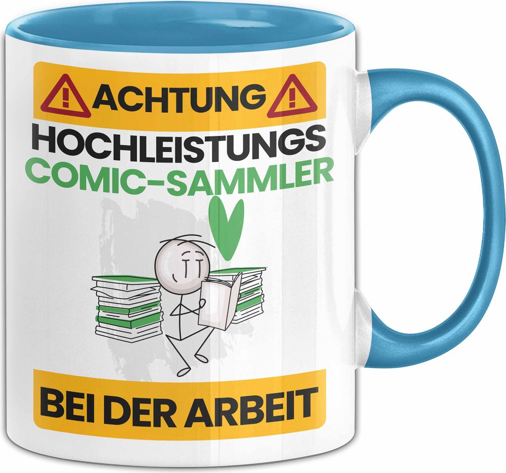 Comic-Sammler Tasse Geschenk Lustiger Spruch Geschenkidee für Comic-Sammler Achtung Hochleistungs Comic-Sammler Bei Der Arbeit (Blau)