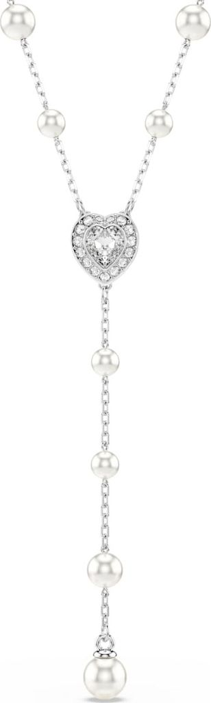 A white background showcases a silver necklace with pearls and a heart-shaped pendant.