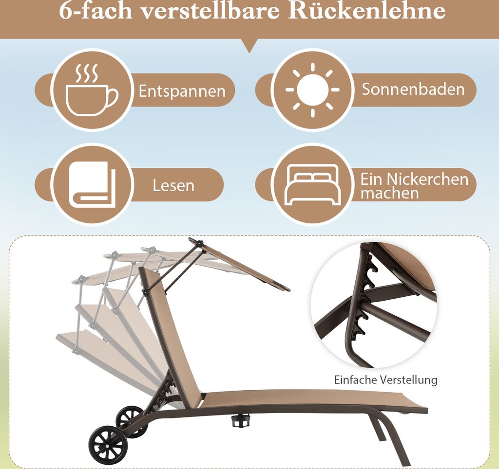 COSTWAY Sonnenliege mit Rollen, Dach und Getränkehalter, Produktbild 4