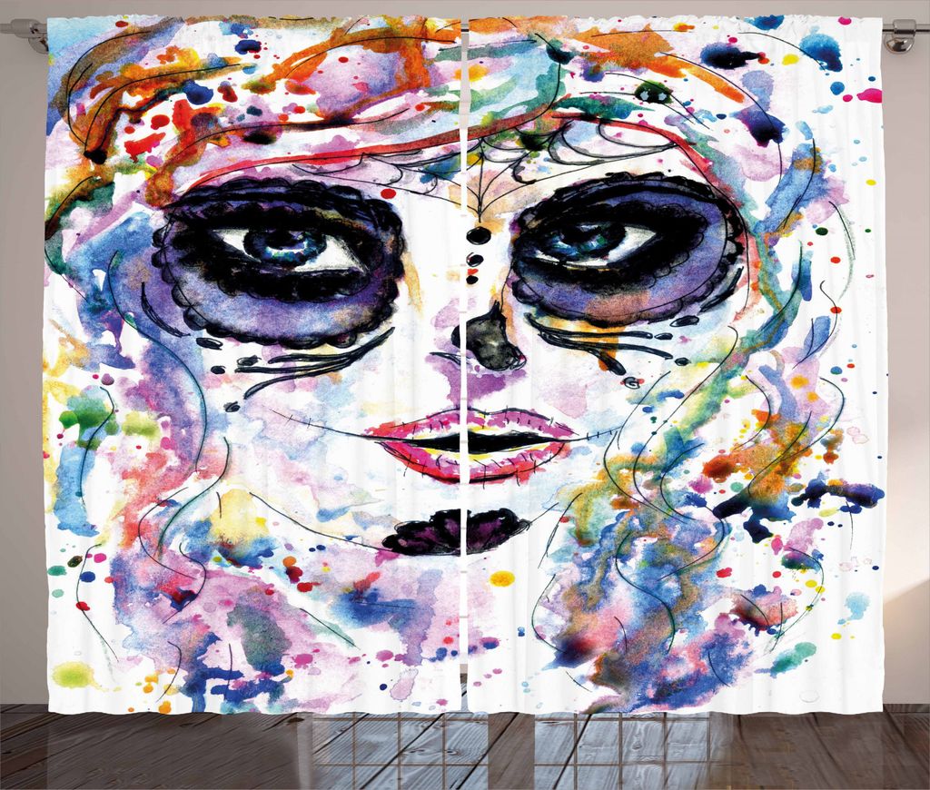 ABAKUHAUS Zuckerschädel Rustikaler Gardine, Creepy Verfassungs-Mädchen, Schlafzimmer Kräuselband Vorhang mit Schlaufen und Haken, 280 x 245 cm, ...
