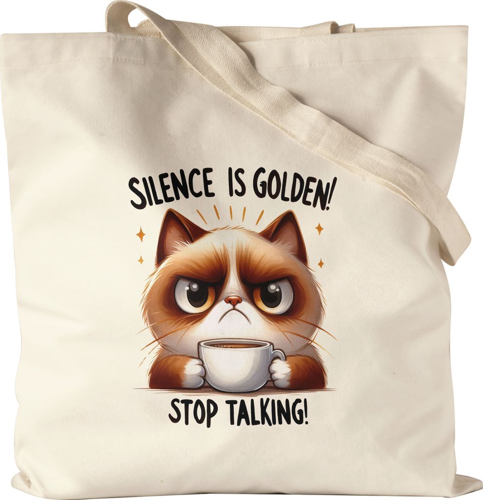 Silence is Golden Stop Talking Jutebeutel Katze Lustig Geschenkidee für Ruhesuchende