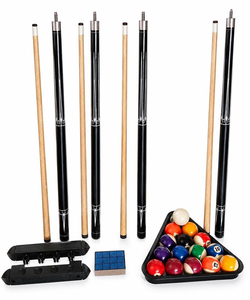 Billard Komplett Set - 4 Queues, 1 Satz Kugeln, Triangel, Kreide + Wandhalterung