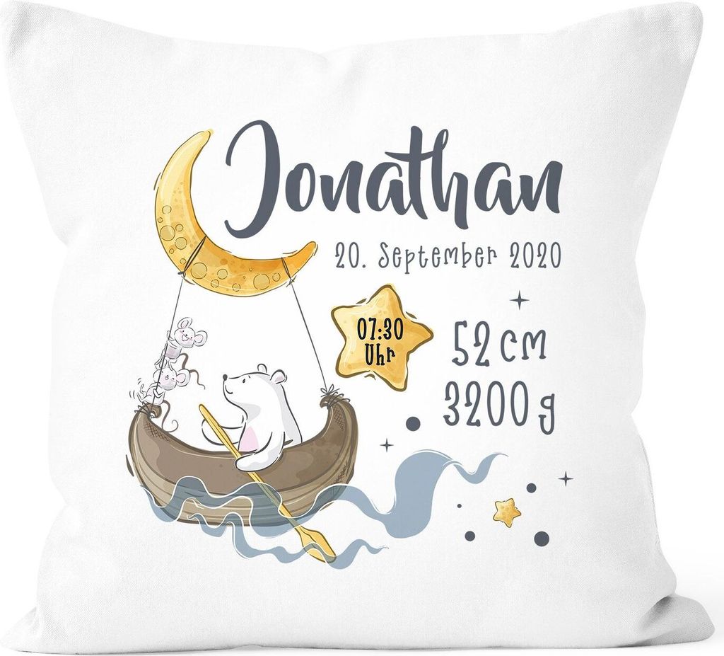 personalisierbarer Kissen-Bezug zur Geburt Bär Mond und Sterne Geburtskissen, Namenskissen SpecialMe weiß 40cm x 40cm