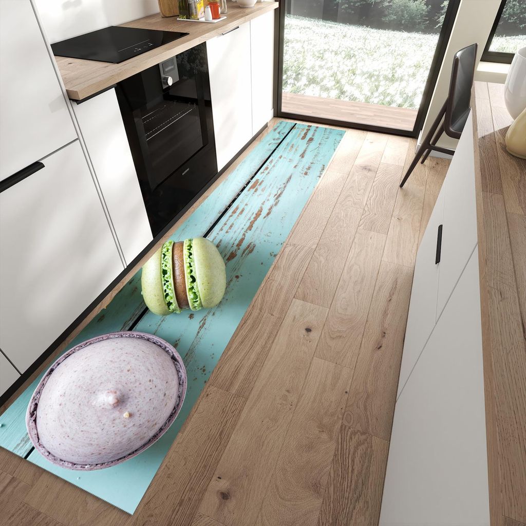 Küchenteppich 60x300cm rutschfest & abwischbar PVC Läufer - Macarons auf Holz