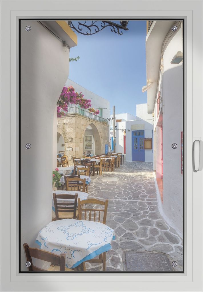 Wallario Lichtschutzbild, Dekorativer Sichtschutz Sonnenschutz 60 x 93 cm mit Motiv: Gasse in Griechenland - Verdunklung ohne Bohren