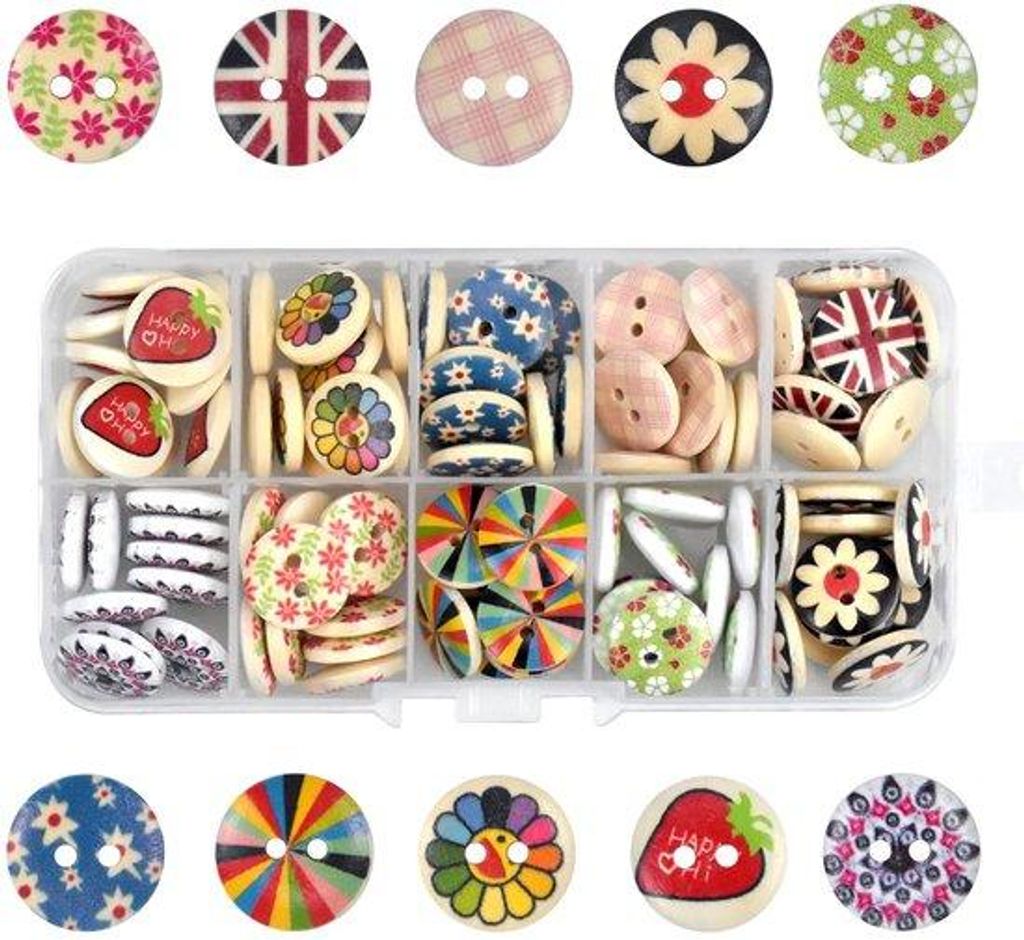 100 Stück 10 Designs 2-Löcher Hölzernadeln Kinderknöpfe Handgefertigte runde Form Nadel, Bastelset Nadeln für DIY Stricken Nähen Jacken Kleid...
