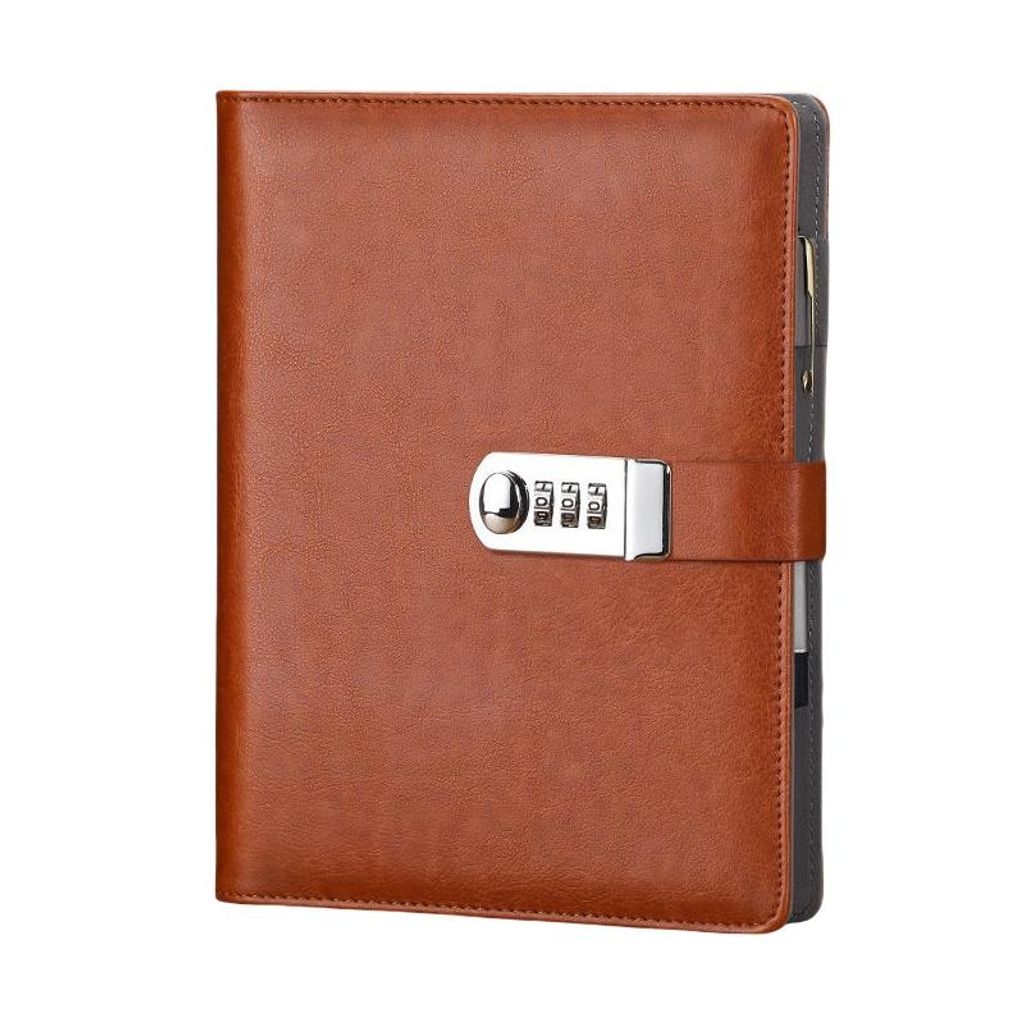 A5 Notizbuch mit Zahlenschloss, Kunstleder, 160 Seiten Nachfüllbar,Business Tagebuch, Braun