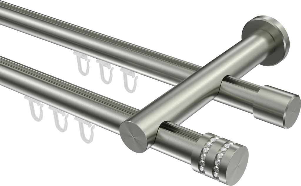 Interdeco Innenlaufstange / Gardinenstange mit Innenlauf Edelstahl-Optik, Typ Platon Estana (Glitzerkappe), 20 mm Ø 2-läufig, 240 cm
