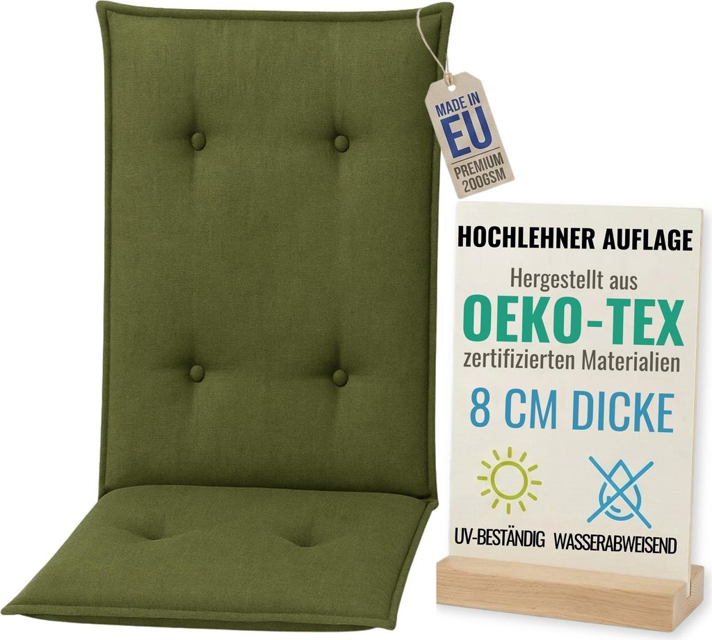 Pillows24 - Hochlehner Auflagen 120x50x8 cm | Gesteppte Wetterfeste Gartenstuhlauflagen | Polster Sitzkissen für Gartenmöbel | EU | Grün