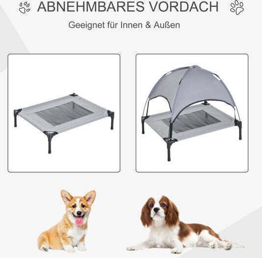 Collage showing a dog bed with and without a canopy, and two dogs.