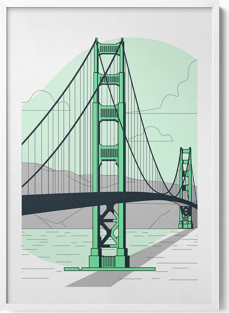 Zeichnung der Golden Gate Bridge– Wandbild mit Rahmen – Gerahmtes Bild – Wanddekoration – 70x100 cm – Weiß Rahmen