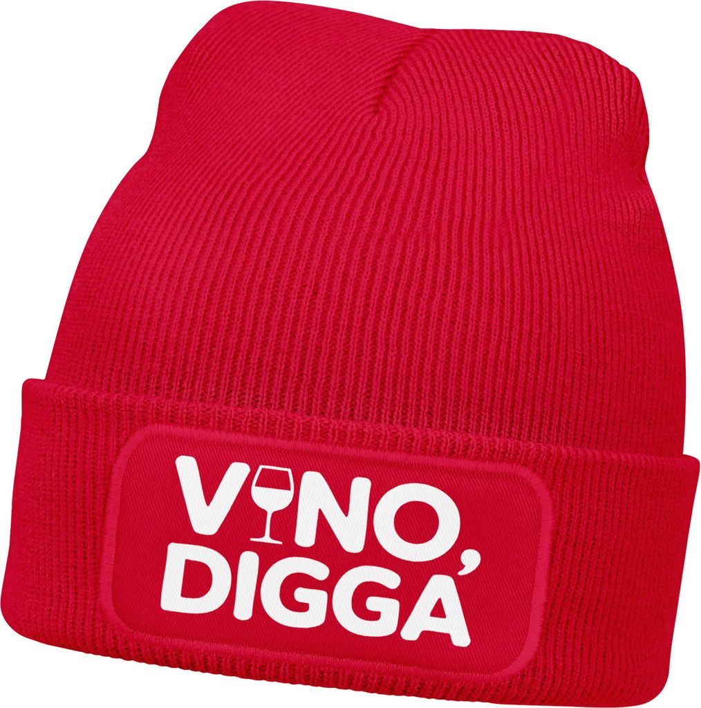 Herren Beanie Strickmütze mit Spruch Aufdruck Lustig Vino Digga Mütze Männer Geschenk Weinliebhaber Moonworks