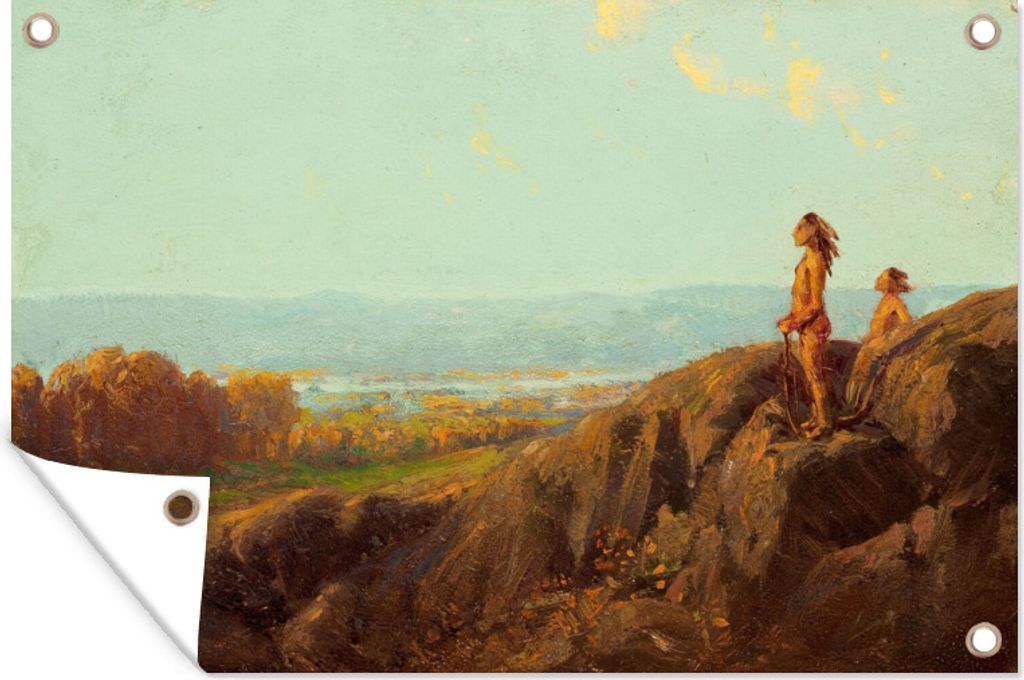 MuchoWow 60x40 cm Outdoor-Poster Gartendeko Sichtschutz Garten Poster für den Garten Landschaft mit indianischen Pfadfindern - Gemälde von Jul...