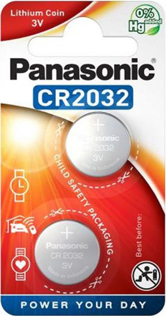 A retail package of Panasonic CR2032 lithium coin batteries.
