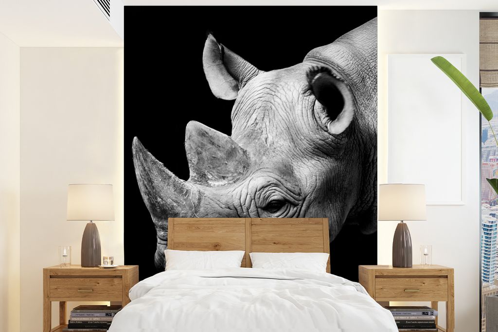 MuchoWow Fototapete für Wohnzimmer oder Schlafzimmer Wandtapete Vinyl Motivtapete Tiere - Nashorn - Schwarz - Weiß - Porträt - 190x260 cm - Pa...