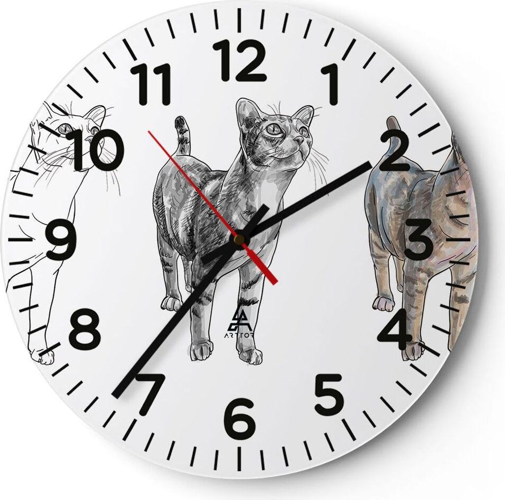 Wanduhr - Rund - Glasuhr - Katzen Tiere Kinder Illustration - 40x40cm - Schleichendes Uhrwerk - Lautlos - zum Aufhängen bereit - Dekoration Modern...