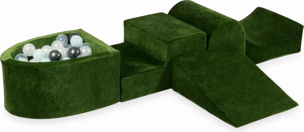 Schaumstoffspielplatz mit Hügel und Pool Micro Velvet Soft Olive + 100 Bälle: transparent, mint, metallic graphit, opaleszierend