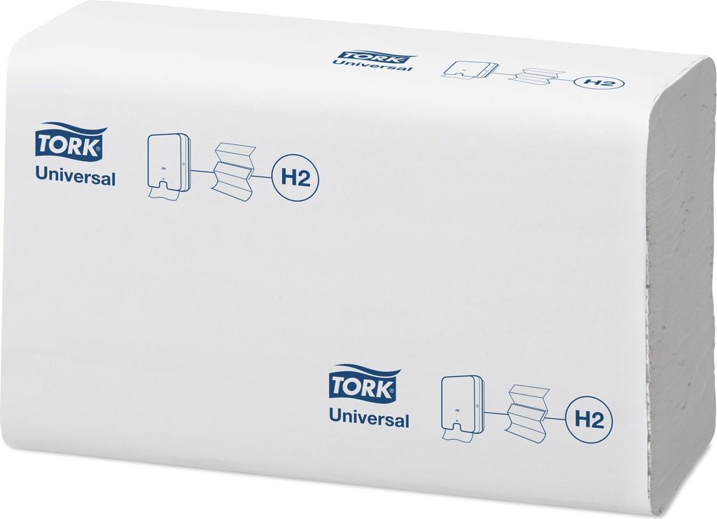 A stack of white TORK Universal paper towels, showing diagrams of dispenser use.