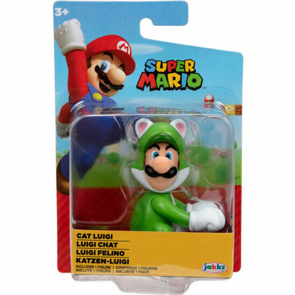 A Super Mario Cat Luigi action figure in its retail packaging.
