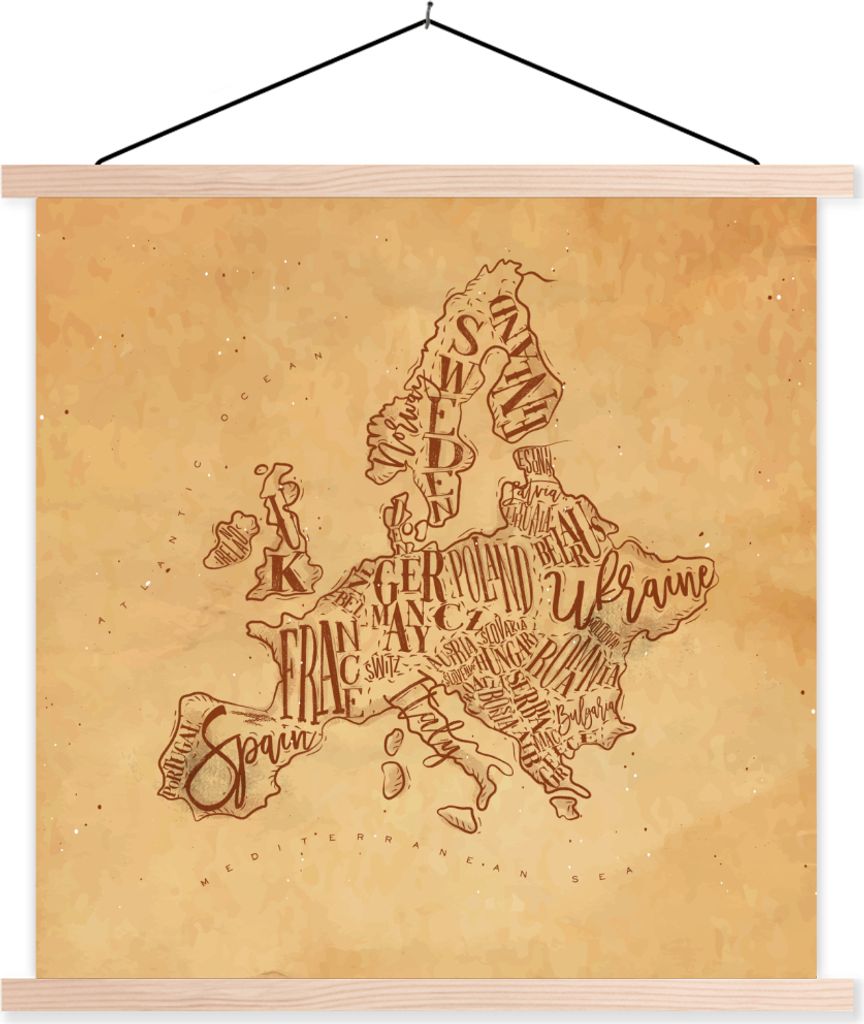 MuchoWow Textilposter Karte - Europa - Vintage - Braun 120x120 cm mit holzfarbenen Rahmen - Textil-Poster