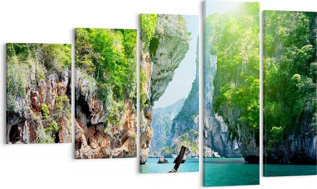 Bild auf Leinwand - Leinwandbild - Boot Klippen Natur Felsen - 100x60cm - Wand Bild - Wanddeko - Leinwanddruck - Bilder - Kunstdruck - Wanddekorati...