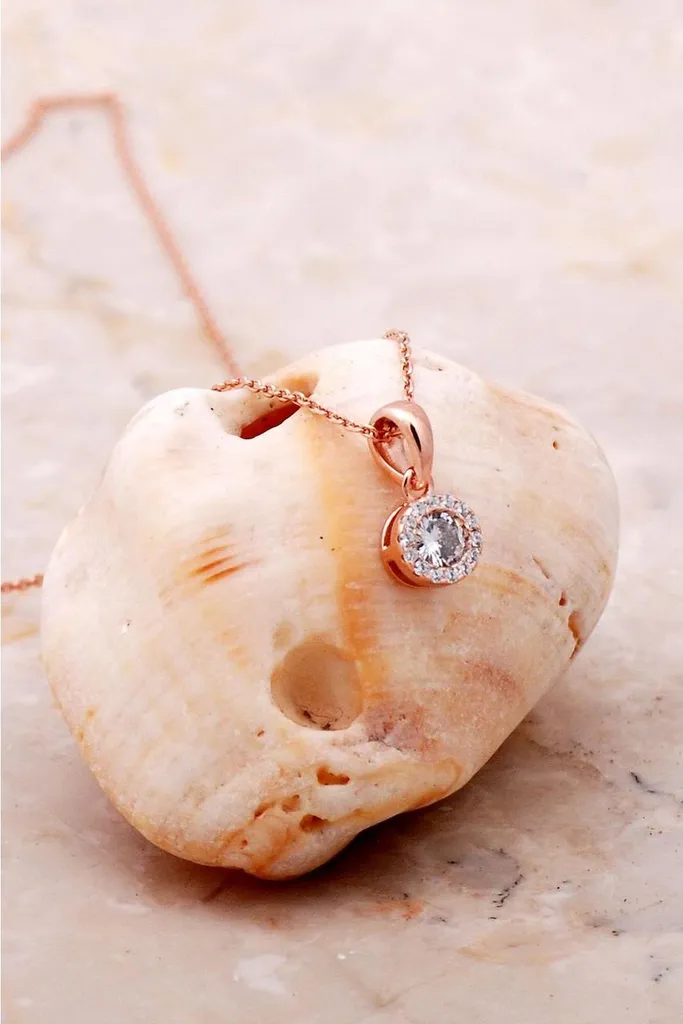Collier Mini Pendentif Zircone Look Diamant en Argent 925 Doré Rose