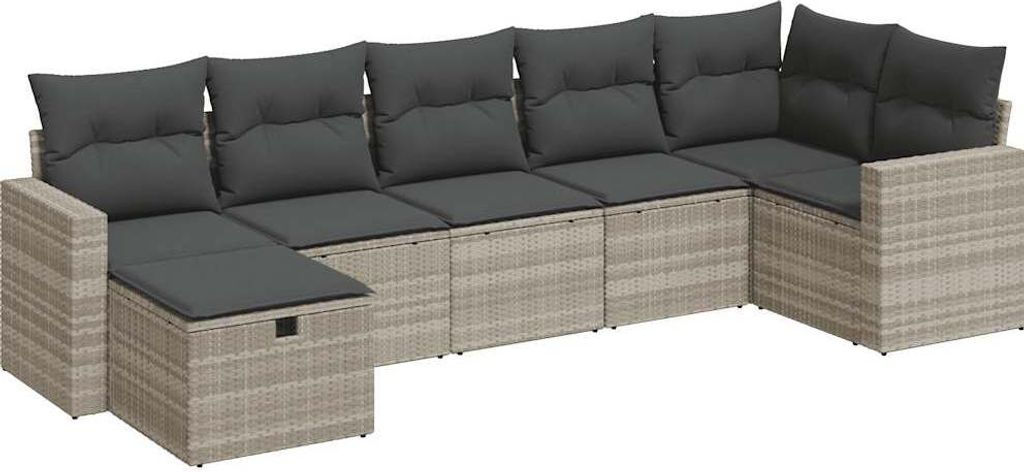 7-tlg. Garten-Sofagarnitur mit Kissen Hellgrau Poly Rattan