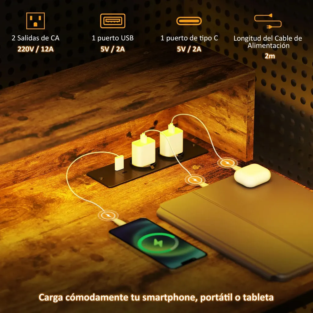 Bureau Informatique pour Petit Espace - Style Rustique avec LED 100cm - 5