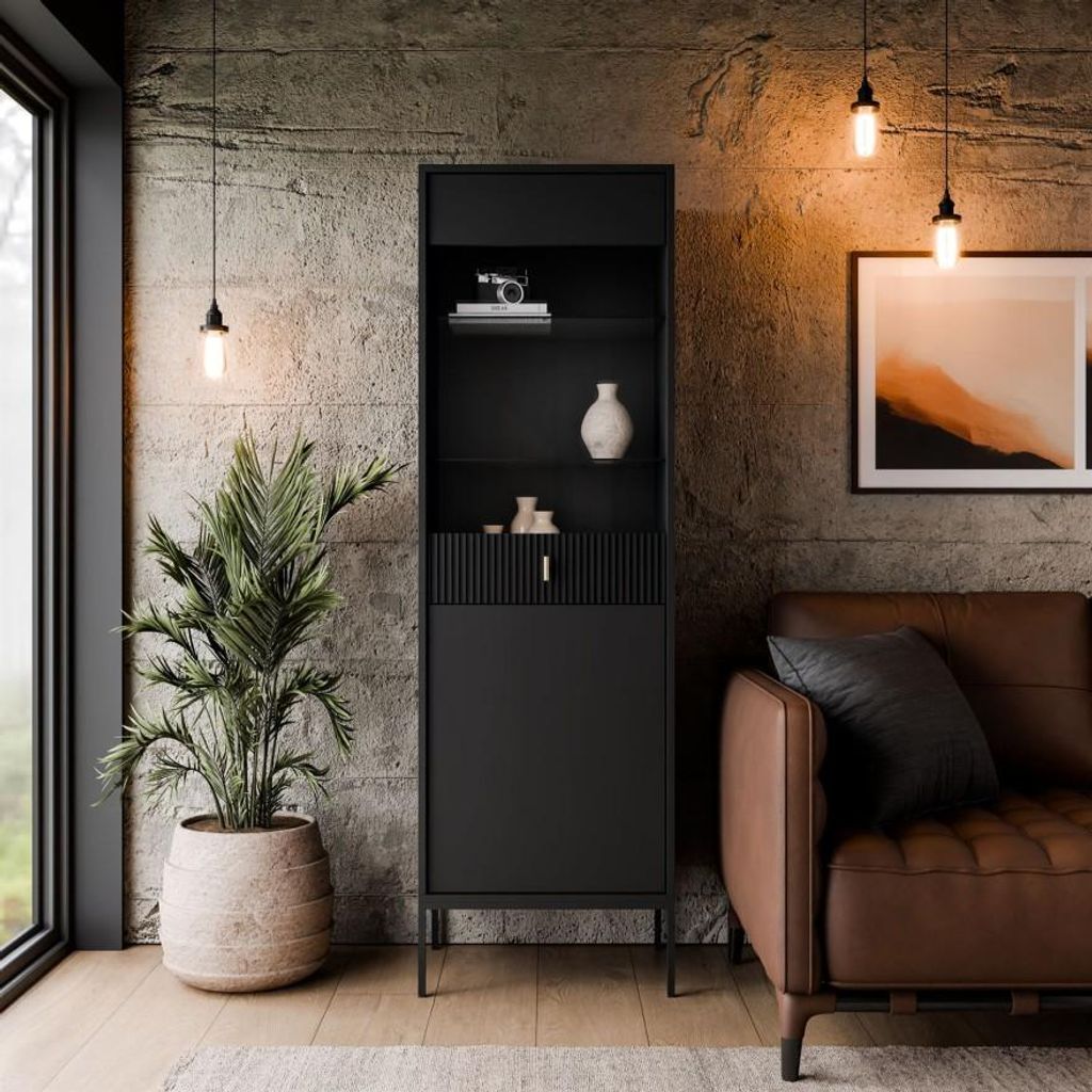 Vitrine MIDNIGHT mit Glastür auf Gestell Schwarz