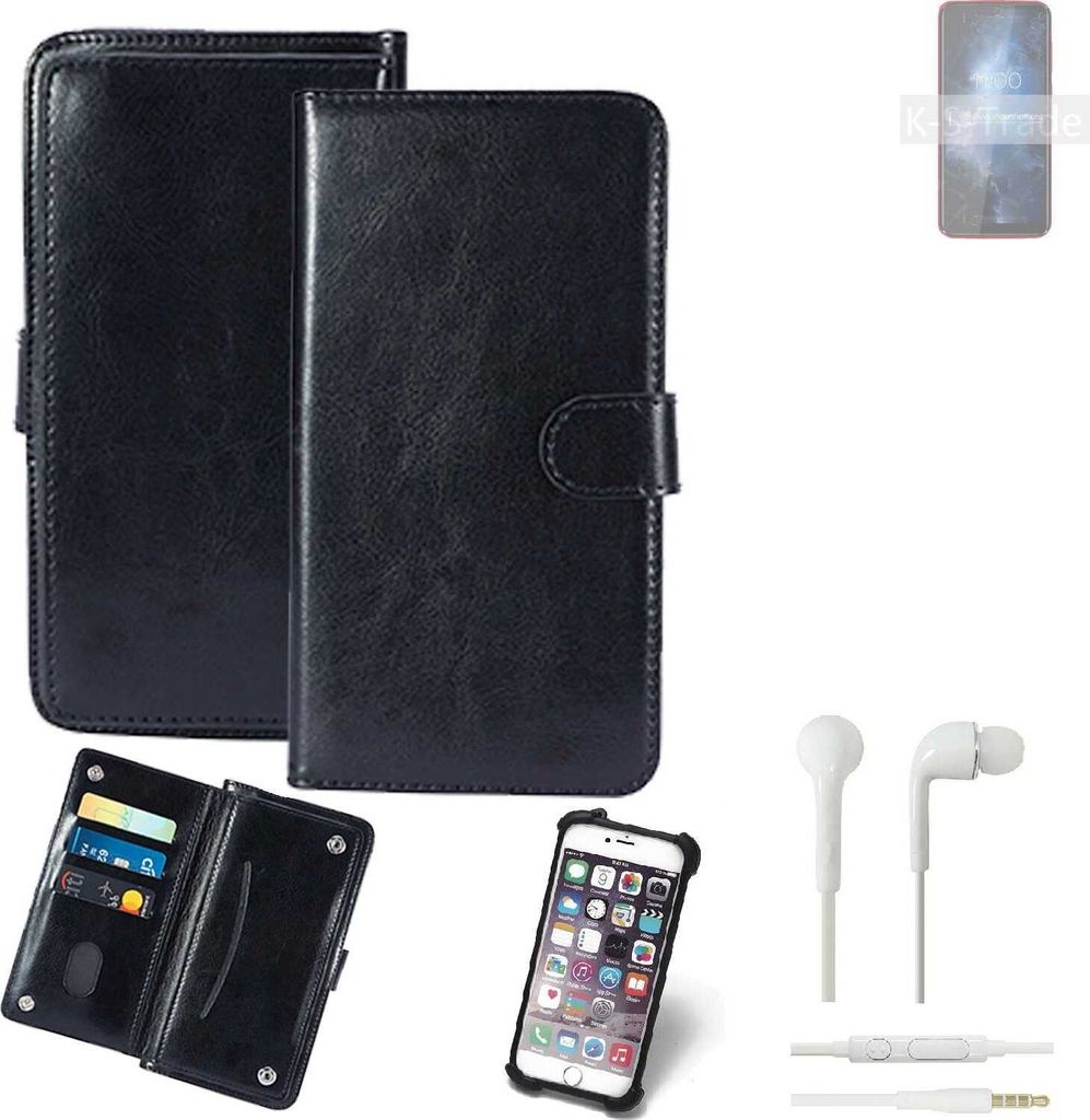 K-S-Trade 360° Hülle kompatibel mit BQ Mobile BQ-6061L Slim inkl. Headphones schwarz Kunstleder Case BookCase WalletCase Kunstlederederhülle