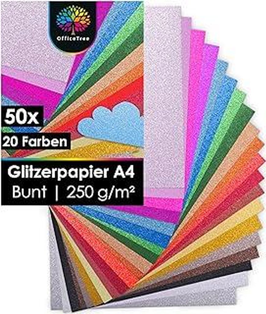 OfficeTree 50 x Glitzerpapier zum Basteln A4 – 20 Farben 250g/m² - Glitzer Papier A4 Bunt - Glitzer Bastelpapier - Glitzer Karton zum Basteln un...