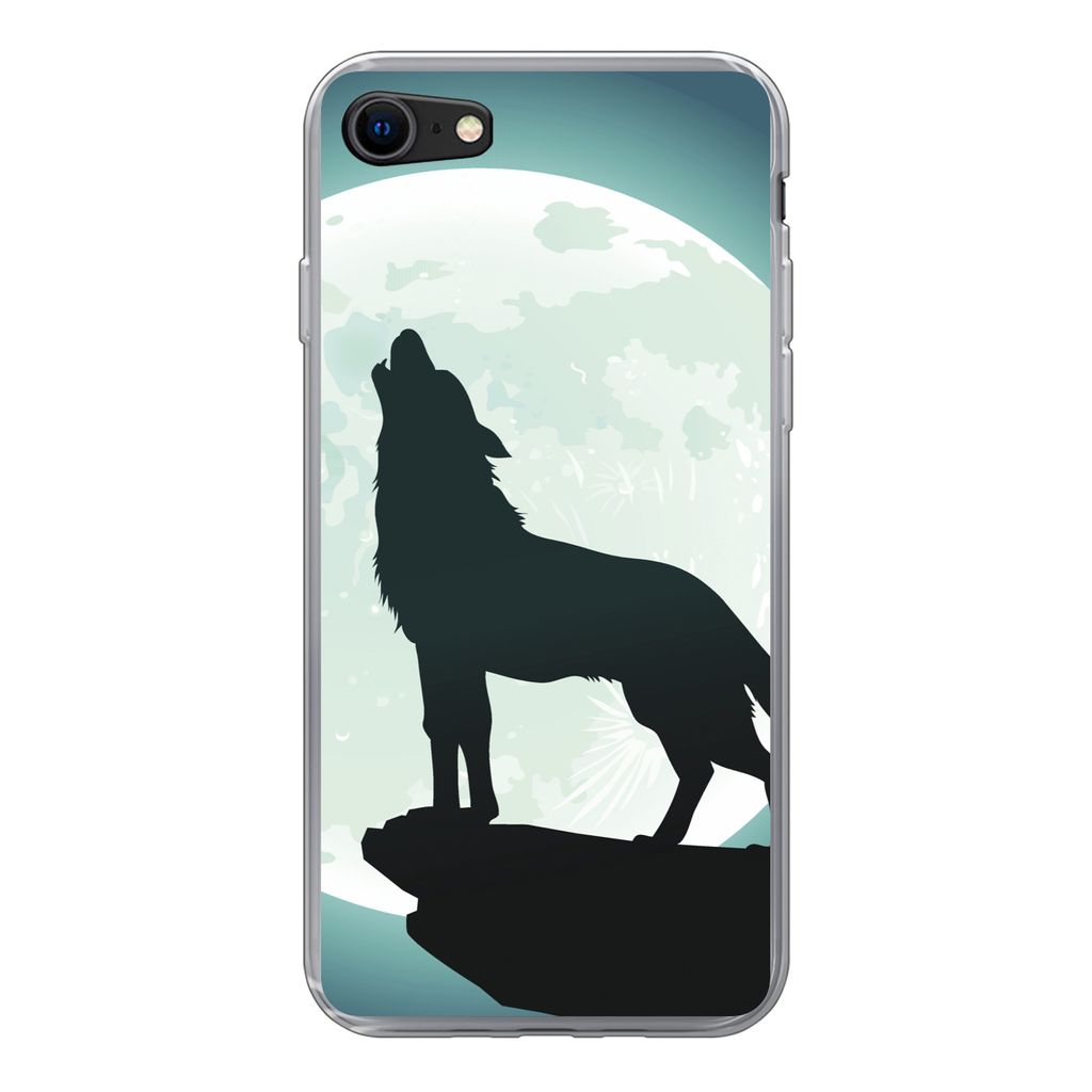 MuchoWow Handyhülle Schutzhülle Hülle für iPhone SE 2020 Wolf - Mond - Stein Silikon Softcase Handy Hülle - Kartenbesitzer