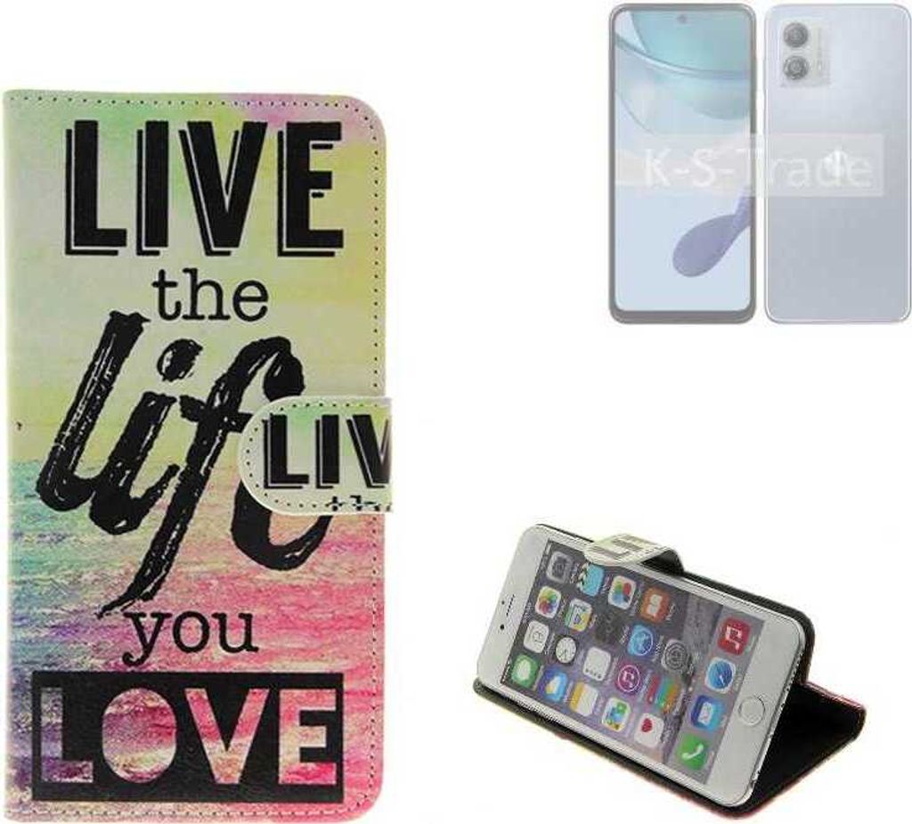 K-S-Trade Schutzhülle Handyhülle kompatibel mit Motorola Moto G53y 5G 360° Wallet Case “live life love“ Klapphülle Tasche Etui Smartphone Flip