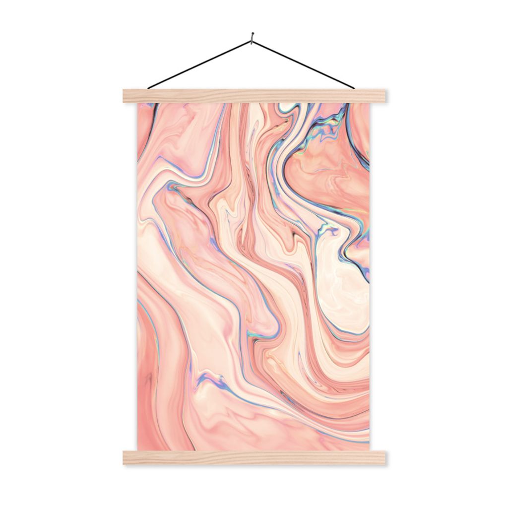 MuchoWow Textilposter Marmor - Pastell - Rosa - Blau - Marmoroptik - Abstrakt 120x180 cm mit holzfarbenen Rahmen - Textil-Plakat