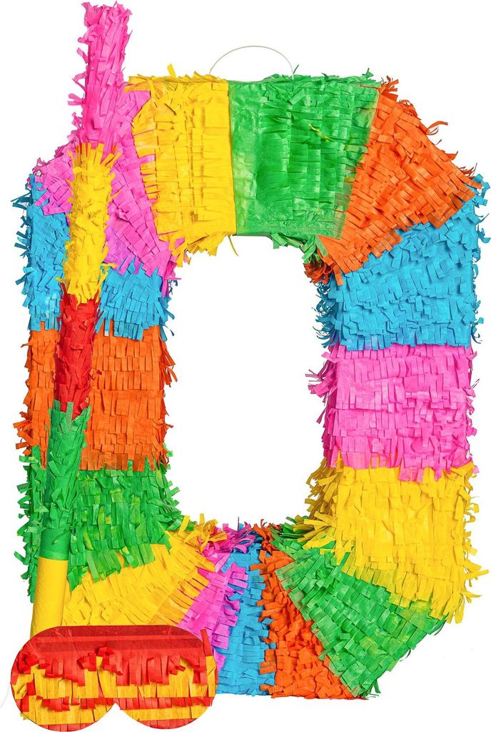 Pinatas Nummer 0 Set aus Papppinata, Stock und Augenbinde – B35 cm x T7,5 cm x H50 cm – Mehrfarbig