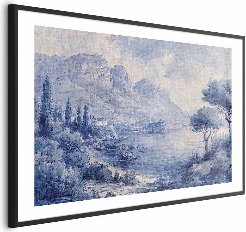 Posterpapier Poster - Blue Bay - Italian Landscape of Lake Como Painted in Blue Ink 30x21 cm Landschaften c-H-10026-ao-a
