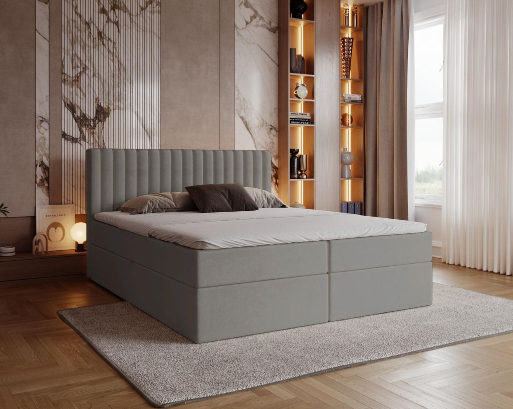 Boxspringbett 180x200 cm Daliro mit Bettkasten - Bonell-Matratze, Topper - Doppelbett, Samtstoff Hellgrau