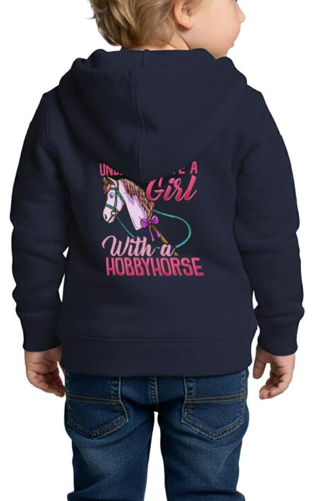 Spreadshirt Never Underestimate A Girl With A Hobbyhorse Kinder Premium Organic Zip Hoodie, 98/104 (2 Jahre), Navy