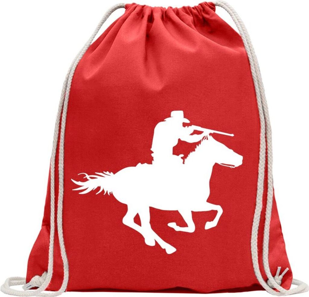 Kiwistar - Turnbeutel - rot - Cowboy mit Pferd schießen - Fun Rucksack Sport Beutel Gymsack Baumwolle mit Ziehgurt