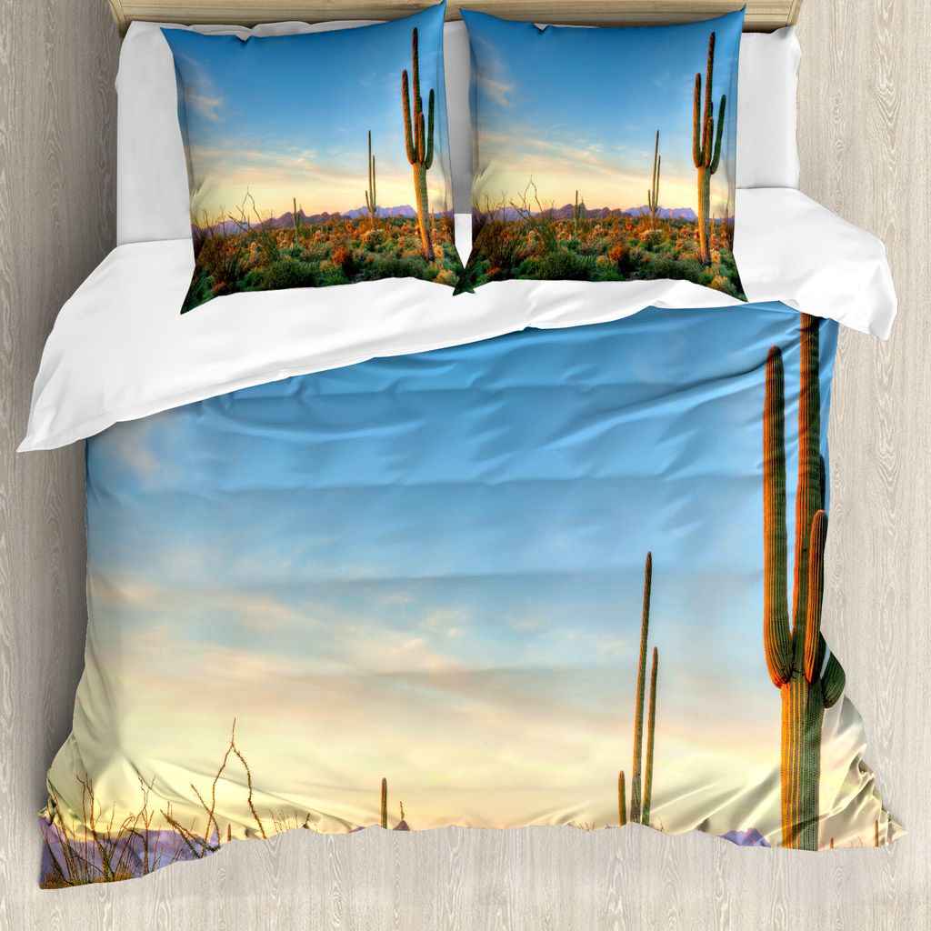 ABAKUHAUS Wüste Bettbezug, Sonoran Desert Sunset, Milbensicher Allergiker geeignet mit Kissenbezügen, 155 cm x 220 cm - 80 x 80 cm, Grün Orange ...