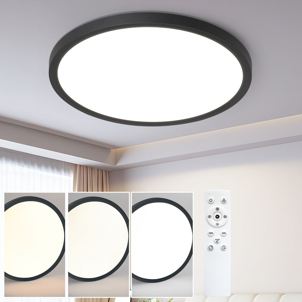 ZMH Deckenlampe LED Deckenleuchte Badezimmer Ø30cm Badezimmerlampe Dimmbar Schwarz Badlampe Flach Rund Flurlampe 24W Küchenlampe Deckenbeleuchtung