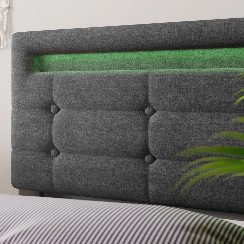 Lit LED Gris 90x200cm avec Tête de Lit Réglable et Tiroirs de Stockage