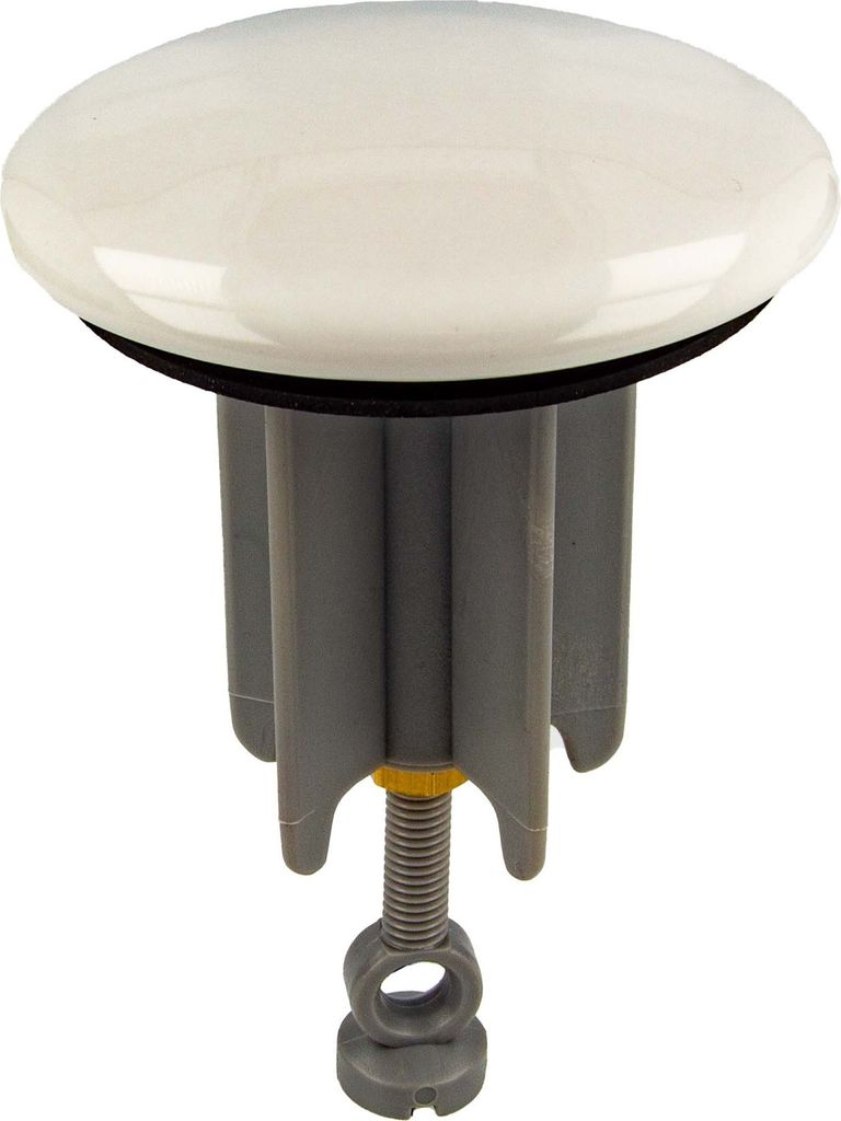 A white ceramic drain stopper with a gray plastic base and a threaded adjustment screw.
